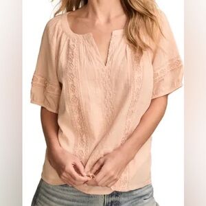 Lucky Brand  Lace Detail Short Sleeve Blouse Light Pink Orange Salmon